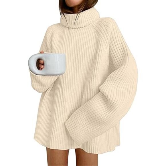 Women's Turtleneck Oversized Chunky Sweater Dress - Picture 6 of 7